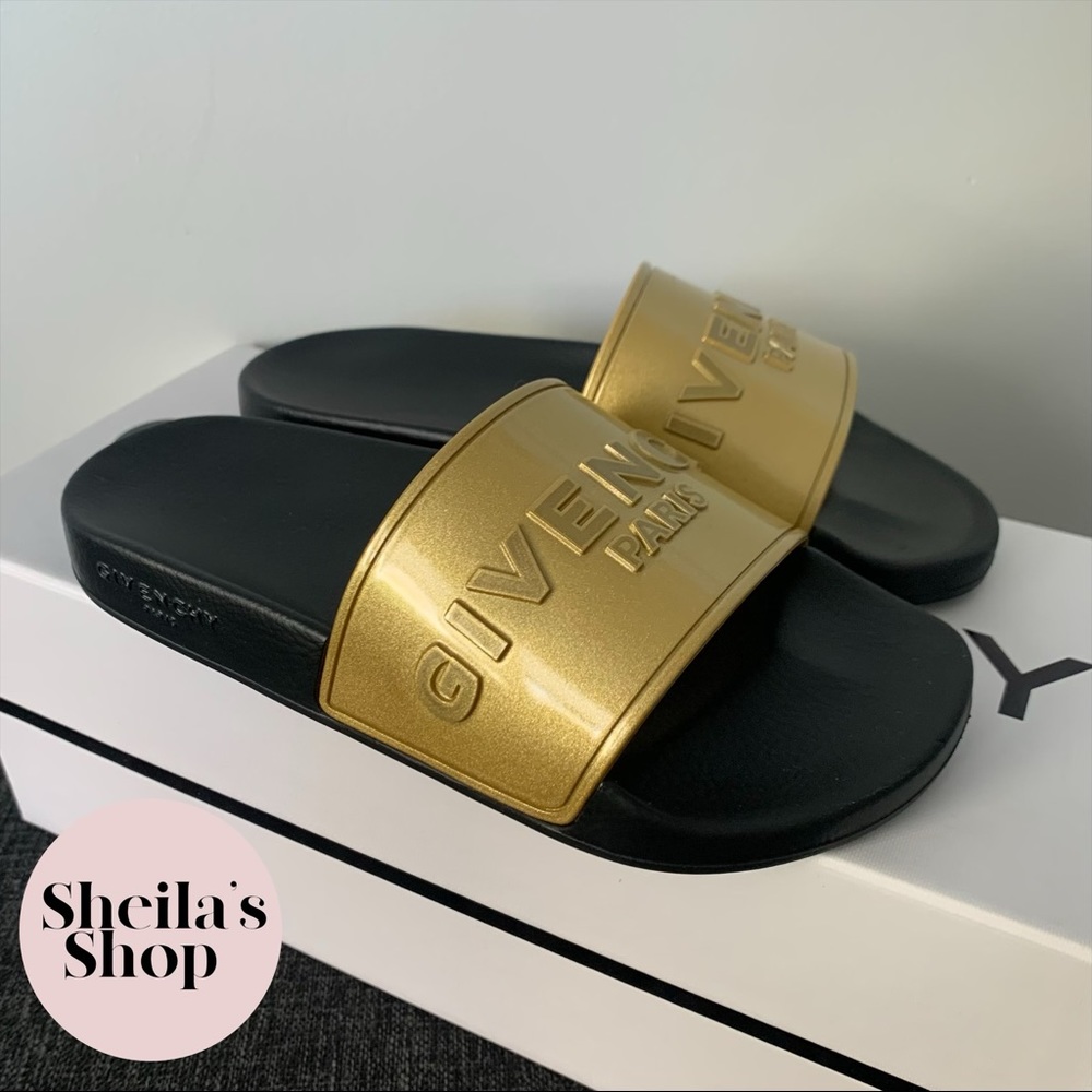 NIB Givenchy Black Gold Logo Pool Slides Size 37